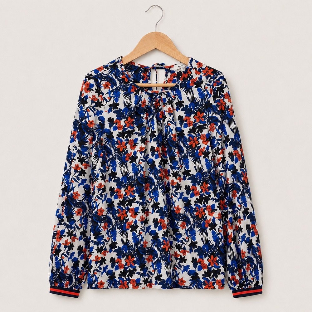 Milly Floral Hibiscus Print Silk Blouse Blue Orange Floral Pleated Tie Top 10